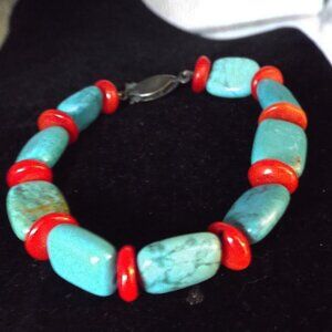 VINTAGE TURQUOISE "PILLOW-SHAPES" AND SPINY CORAL DISKS BRACELET 55